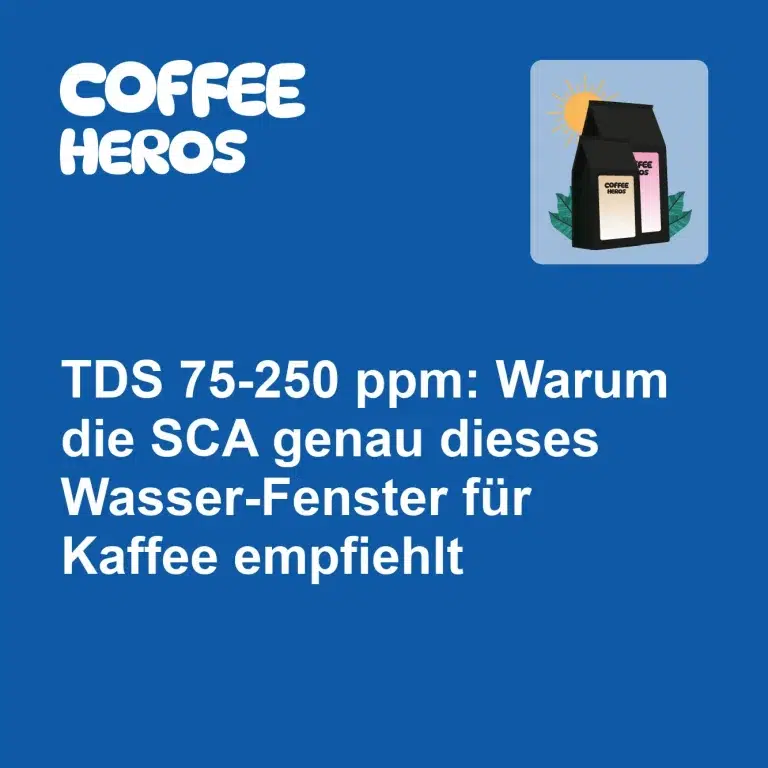TDS-Messgerät zeigt 150 ppm in Wasserglas neben Kaffeebohnen und Brühequipment auf Holztisch